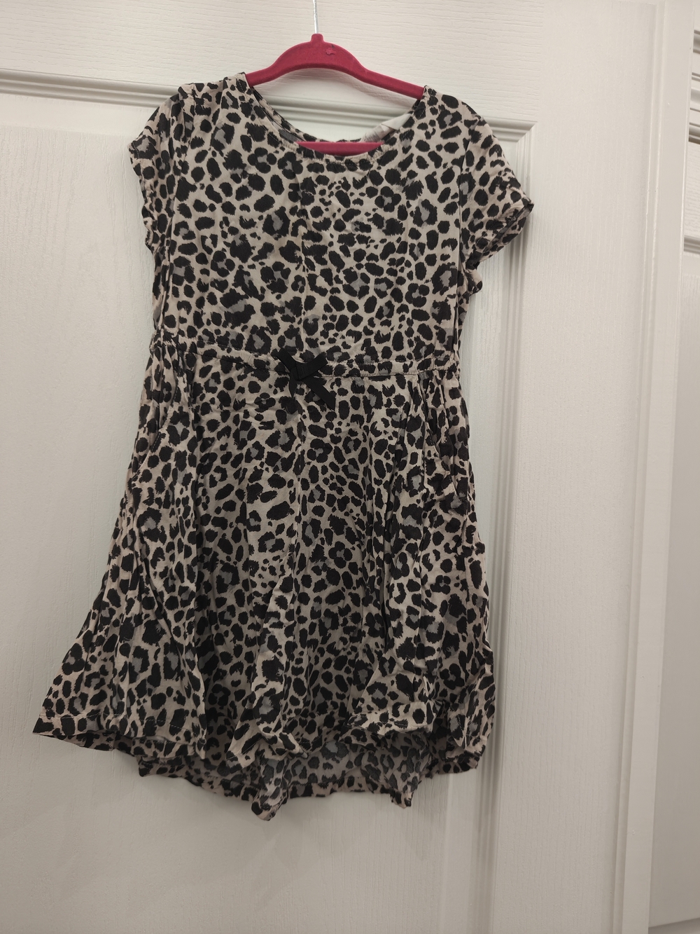 Vintage Y2K Girls Leopard Print Dress with Bow - Black and Cream